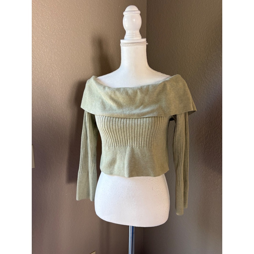 Wild Fable Sage Green Off the Shoulder Ribbed Knit Cropped Sweater Size L